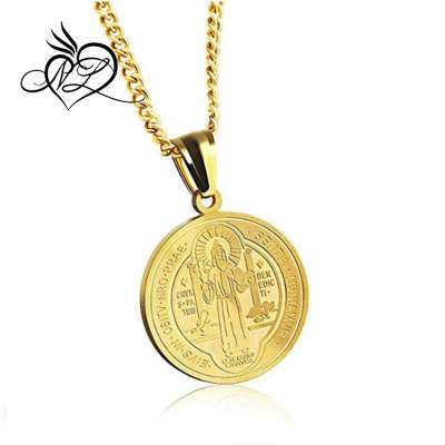 18K Gold Plated Stainless Steel St Saint Benedict Medal Pendant with 24 Inch Chain Necklace