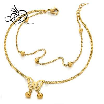 Stainless Steel Gold Color Two-row Anklet Bracelet with Beads Charms and Dangling Butterfly Balls