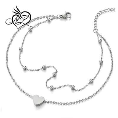 Two-Row Stainless Steel Anklet Bracelet with Heart and Beads Charms