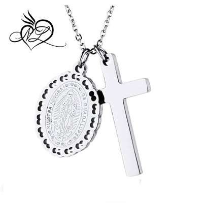 Stainless Steel Necklaces Cross and Our Lady of Guadalupe Religious Pendant