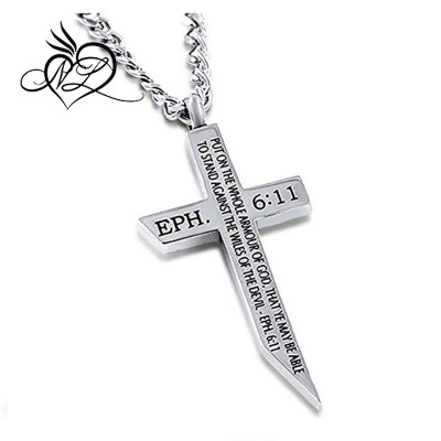 Polished Stainless Steel Angle Cross Armour of God Ephesians 6:11 with Upgrade Curb Chain