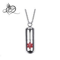 Stainless Steel Pill Shape Keepsake Container Holder Medical Identification Pendant Necklace