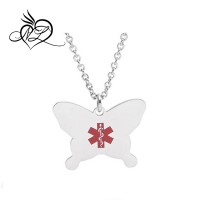 Stainless Steel Butterfly Medical ID Necklace charm for Girl & Boy (Free engraving)