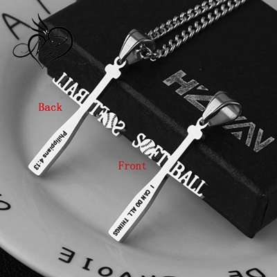 Softball Bat Cross Pendant, I CAN DO ALL THINGS STRENGTH Bible Verse Stainless Steel Necklace