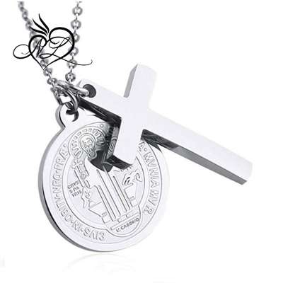 Stainless Steel Necklaces Cross and Saint St Benedict of Nursia Patron Against Evil Pendant